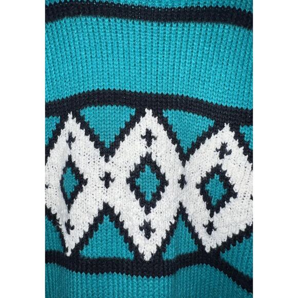 Vtg 80s 90s Pretense Sweater Green Knit Pullover Geometric Stripes Diamonds Sz M - Picture 2 of 9